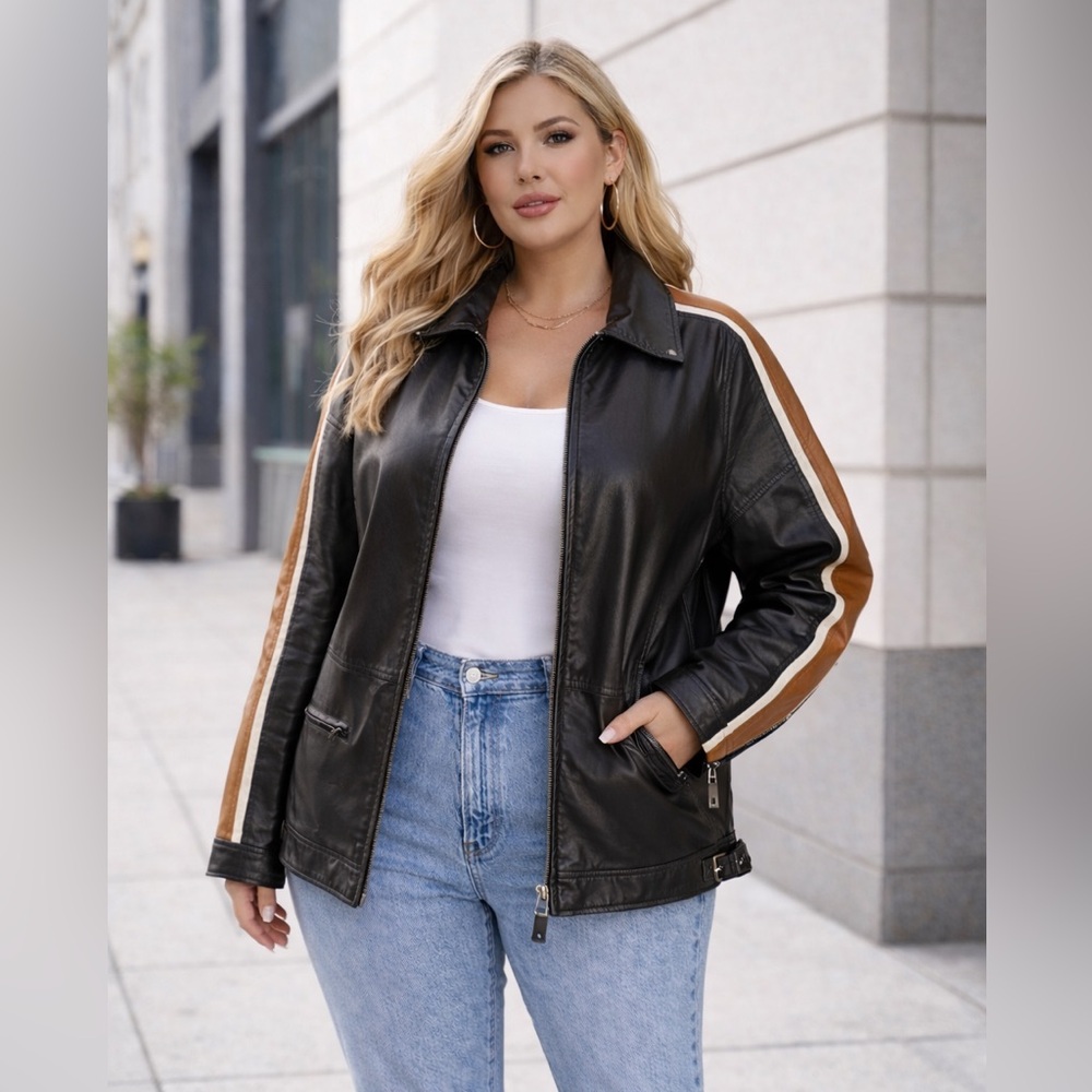 Racer Stripe Faux Leather Jacket Max Studio Black and Brown- NWT